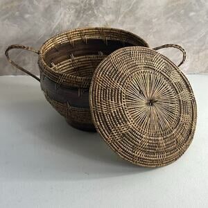 Hand-woven Basket With Lid 7" Tall Rattan and Wood Double Handles